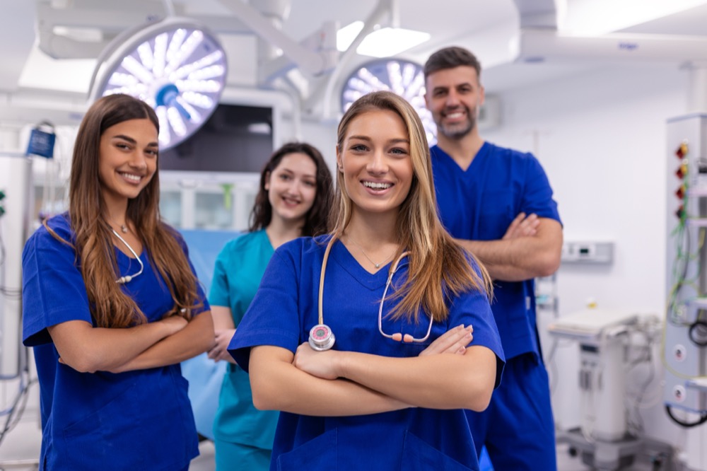 Healthcare staffing specialties team of nurses and doctors in hospital